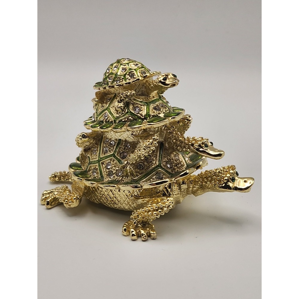 Gold Stacked Turtle Family Bejeweled Trinket Box Crystal Enamel HINGE BROKEN‎